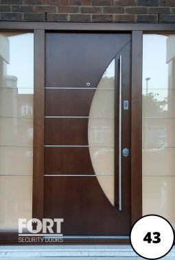 0043 Brown Fort Security Door With 2 Glass Side Panels And A Bespoke Centre Glass