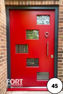 0045 Ruby Red Single Fort Security Door With Door Knocker And Glass