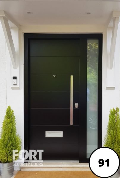 0091 Single Black Door With Aluminium Inlays And Side Glass Panel Fort Security Doors 