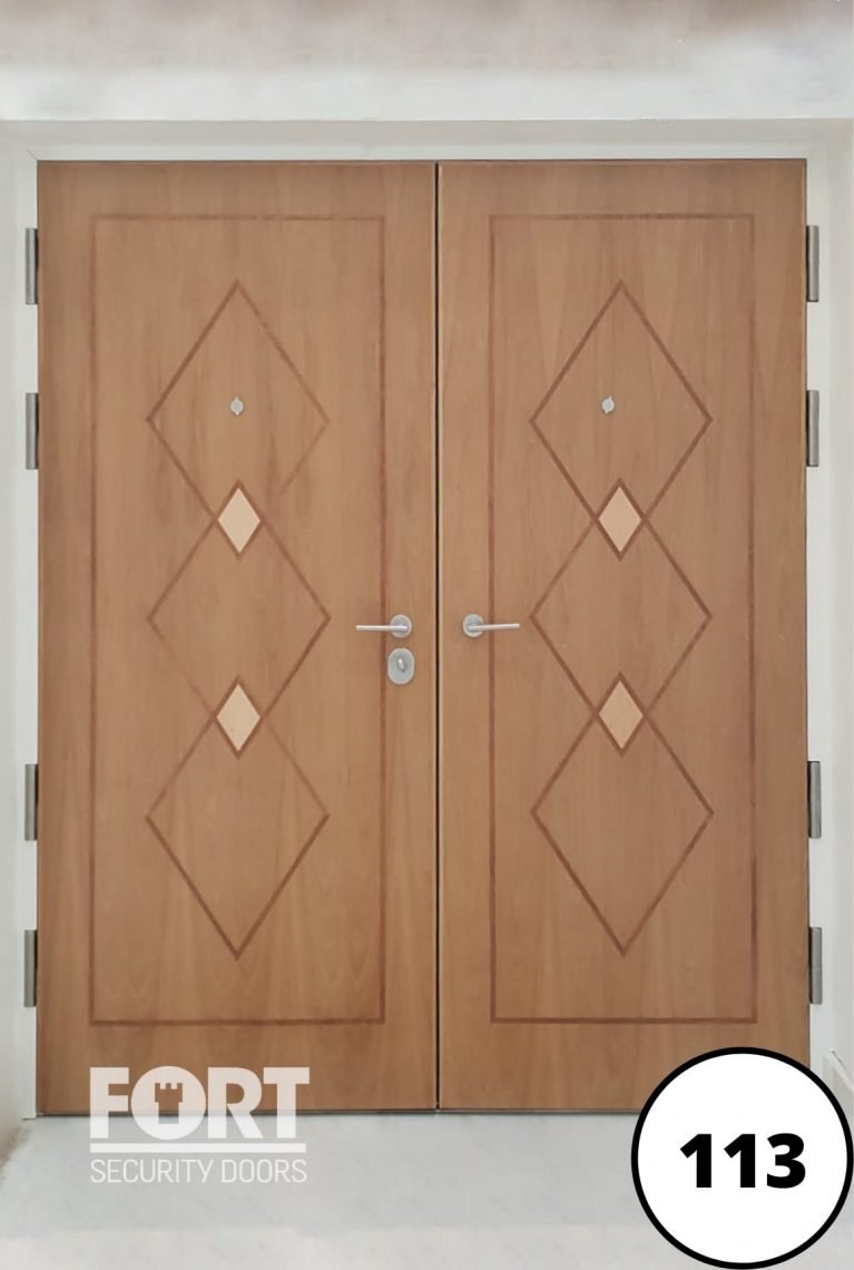 0113 Fort Security Door Brown Double Door Wood Veneer Pattern