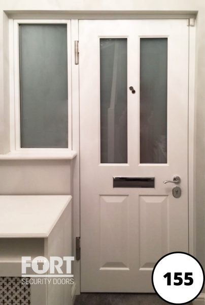 0155 White Interior Victorian Design Fort Security Door With Two Glass Panel And A Large Side Glass Panel