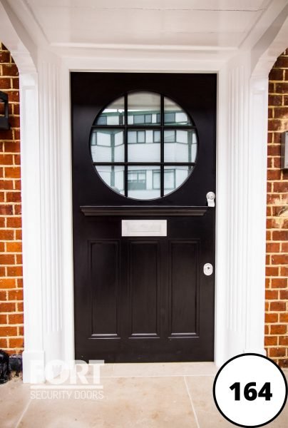 0164 Black Matt Fort Security Door With Rounded Frost Vision Panel And Sash Transom 