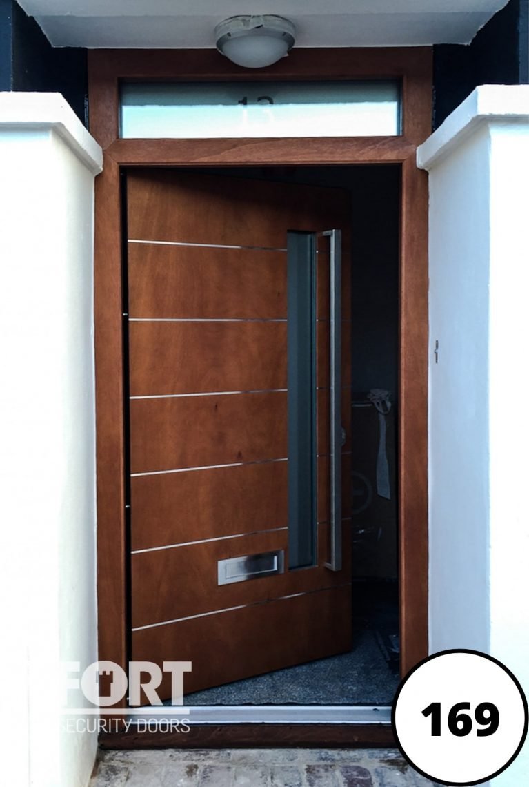 0169 Single Wooden Finish Fort Security Door With Aluminium Inlays And Custom Transom
