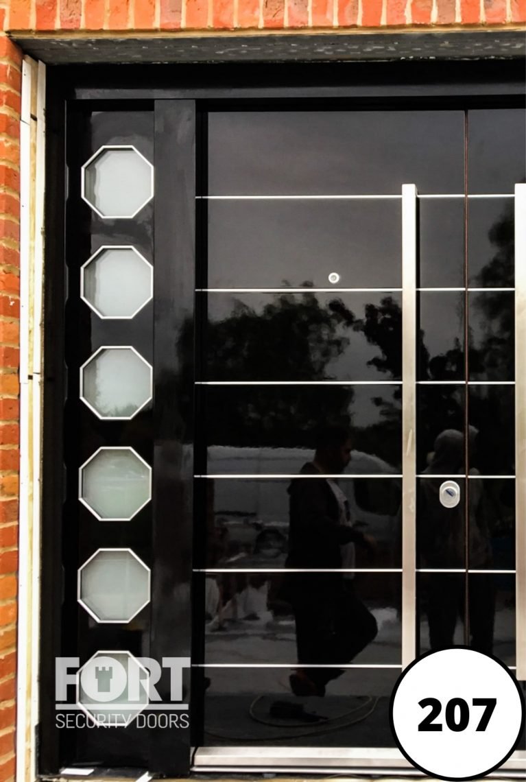 0207 High Gloss Black Aluminium Inlays Fort Security Door With Hexagonal Side Windows
