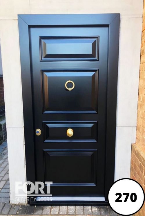 0270 Black Single Fort Security Door With 4 Panel Edwardian And Centre Knob