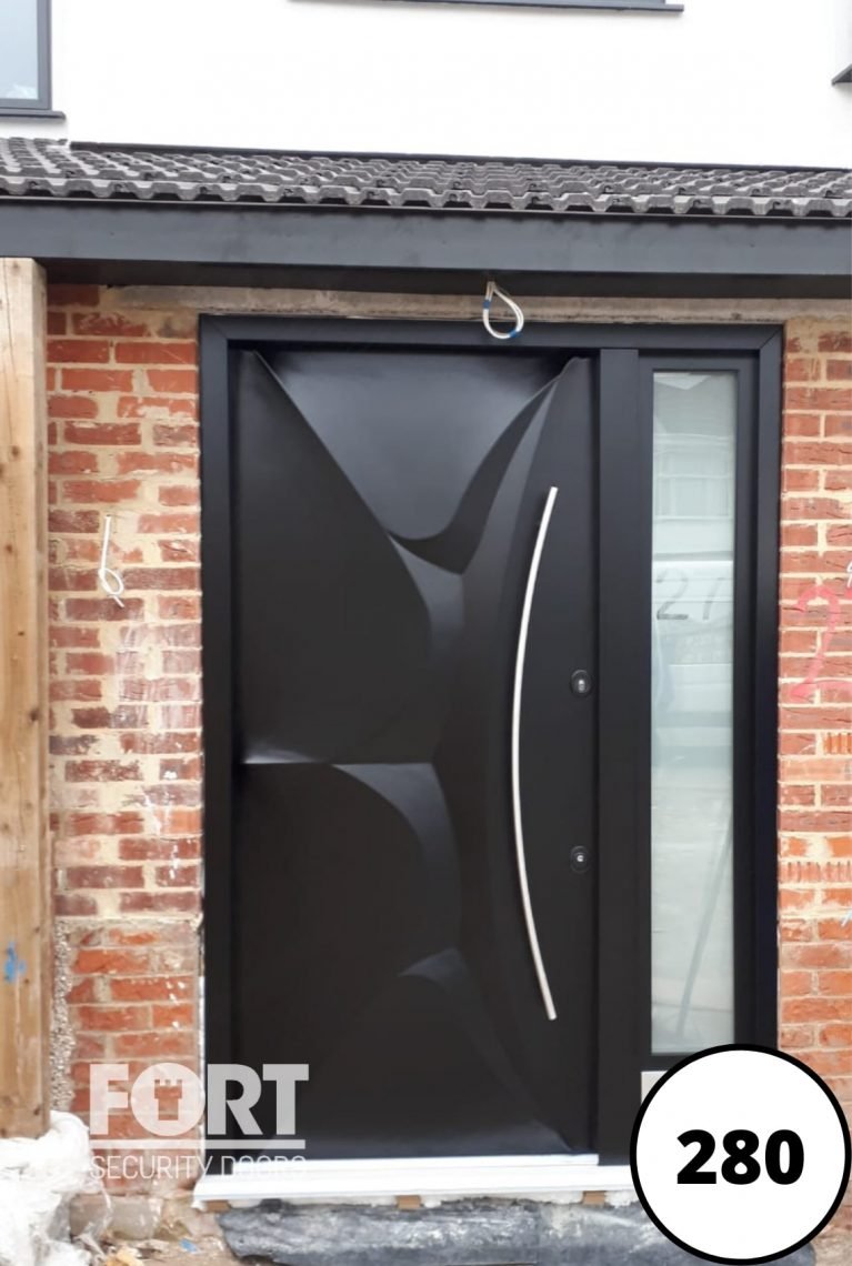 0280 Black Satin Batman Design Front Fort Security Door With Side Glass Panel