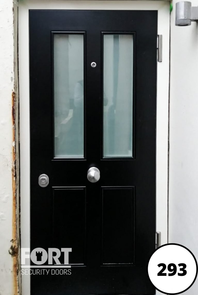 0293 Black Single Fort Security Door Victorian 4 Panels With 2 Glass Panes