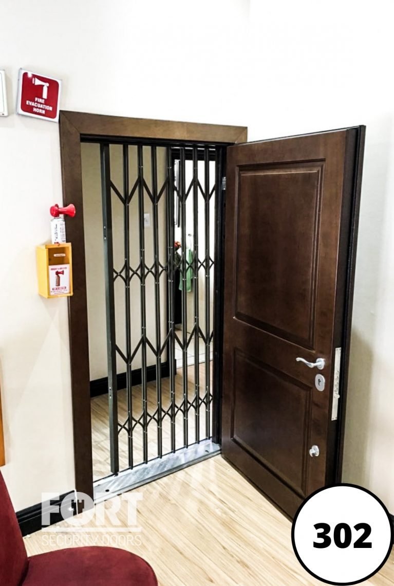 0302 Commercial Wooden Front Fort Security Door With Wrought Iron Structure