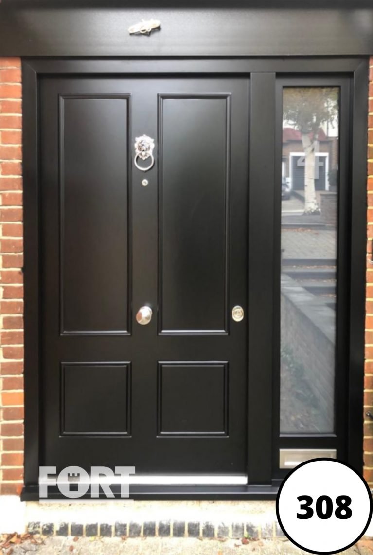 0308 Large Satin Black Home Fort Security Doors With Victorian Design And Side Glass Panel