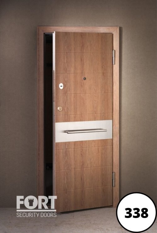0338 Brown Wooden Finish Fort Security Door With Horizontal Lines And Handle Bar