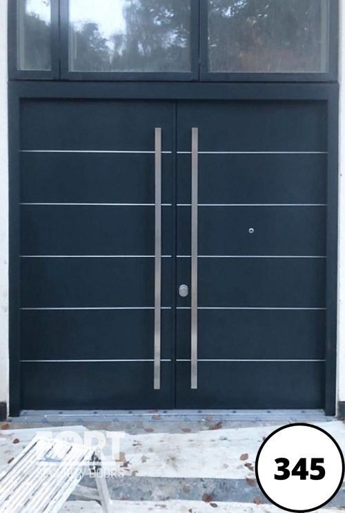 0345 Black Double Door Fort Security Door With Horizontal Lines And Glass Transom