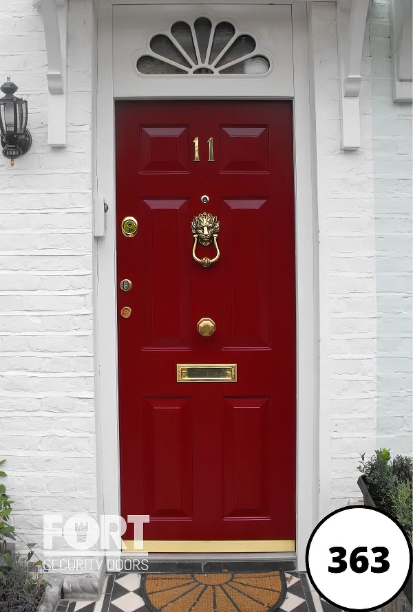 0363 Single Red 6 Panel Victorian Fort Security Door With Lion Knocker