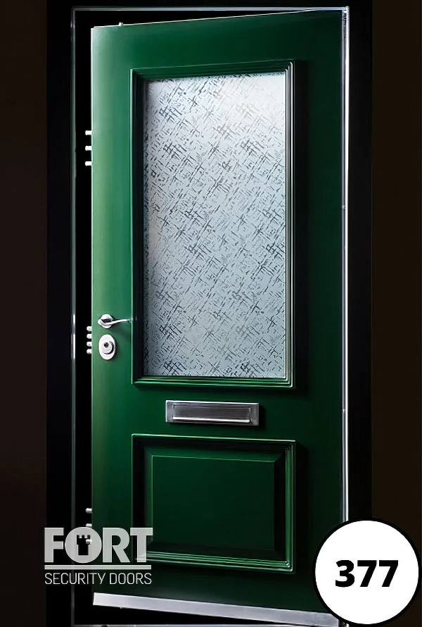 0377 Single Green 2 Panel With A Large Glass Panel Fort Security Door