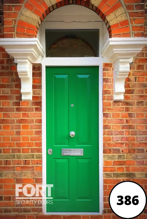0386 Green Satin Finish Home Fort Security Door With Victorian Design And Glass Transom
