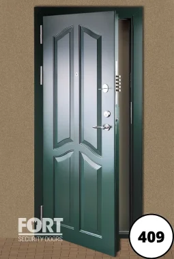 0409 High Fort Security Door With Green Colour Finish And Custom Panel Design