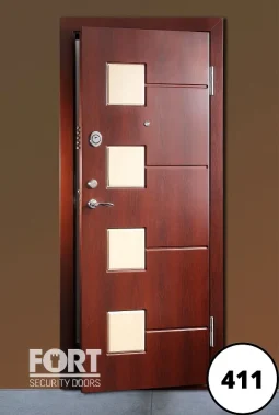 0411 Bespoke Wooden Mahogany Finish With 4 Panel Windows Fort Security Door