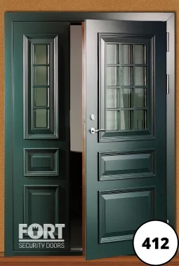 0412 Custom Green Three Panel Edwardian Design Fort Security Door With Central Glass Window Panels