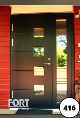 0416 Satin Black Horizonal Line Fort Security Door With Glass Windows And Side Glass Panel