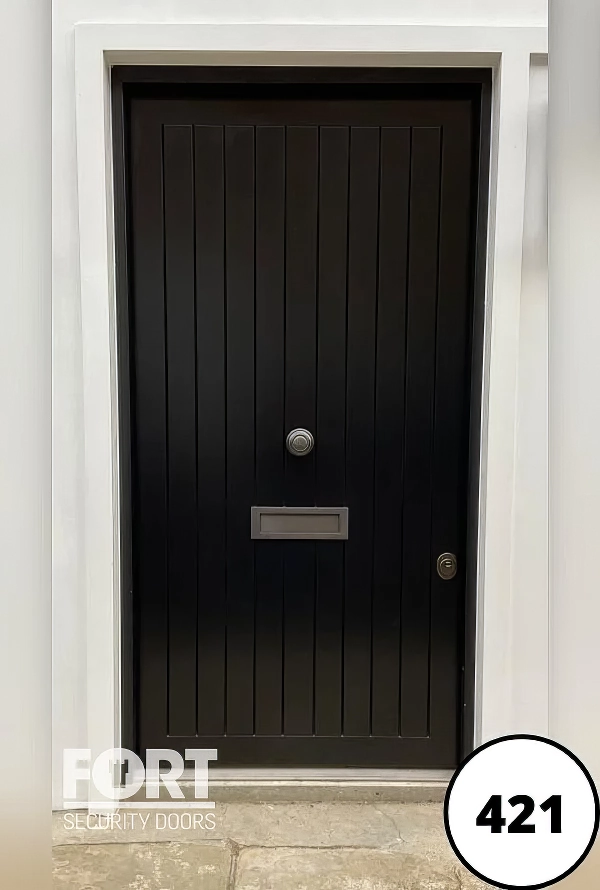 0421 Black Single Fort Security Door With Vertical Line Design And Centre Knob