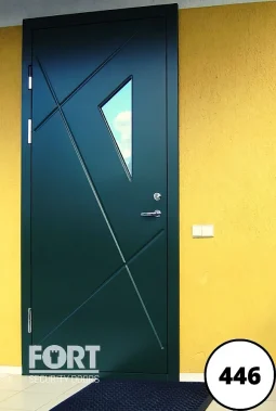 0446 Green Single Fort Security Door With Bespoke Line Design And Glass