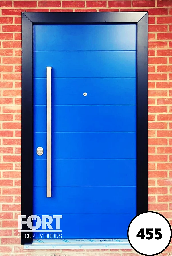 0455 Blue Single Fort Security Door With Horizontal Line Design