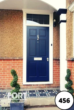 0456 Blue Single Fort Security Door Six Panel Victorian Design And Transom