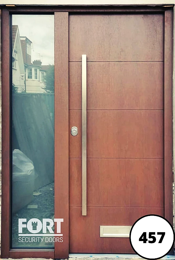 0457 Brown Single Fort Security Door With Horizontal Lines And Glass Side Panel
