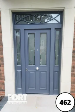 0462 Grey Single Fort Security Door With Four Panel Victorian Design And Two Glass Side Panels