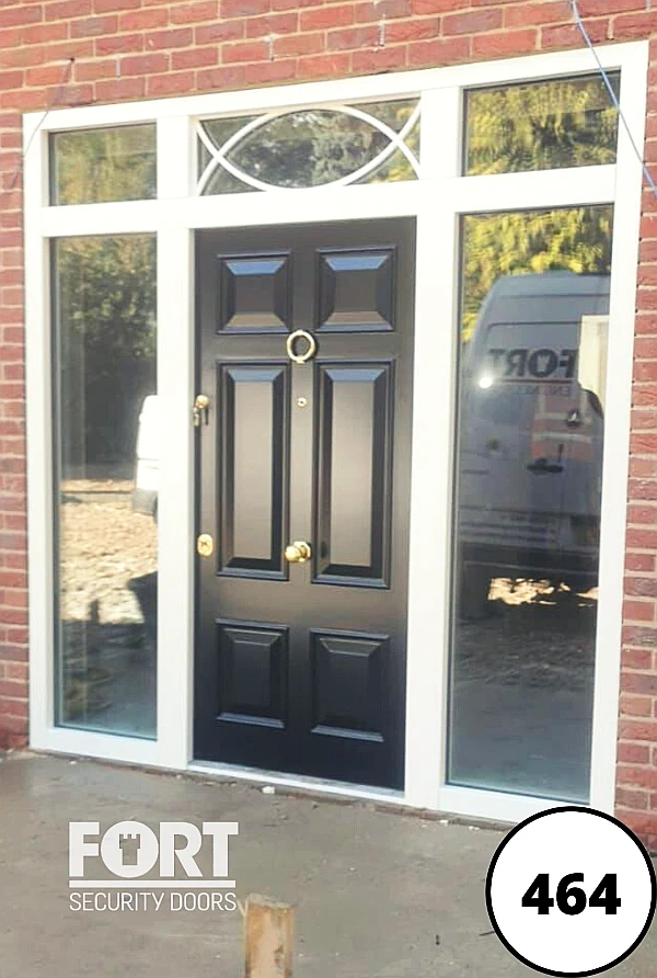0464 Black Single Fort Security Door With Victorian Six Panel Design And Glass Side Panes