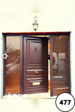 0477 Brown Single Fort Security Door With Edwardian Three Panel Design And Two Side Glass Panes