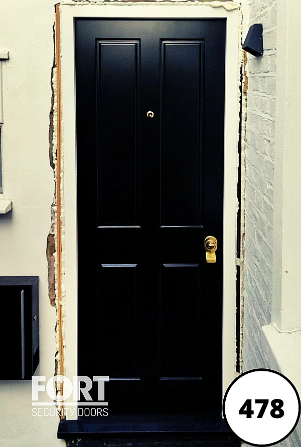 0478 Black Single Fort Security Door With Four Panel Victorian Design