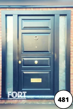 0481 Grey Single Fort Security Door With Four Panel Edwardian Design And Two Side Glass Panels