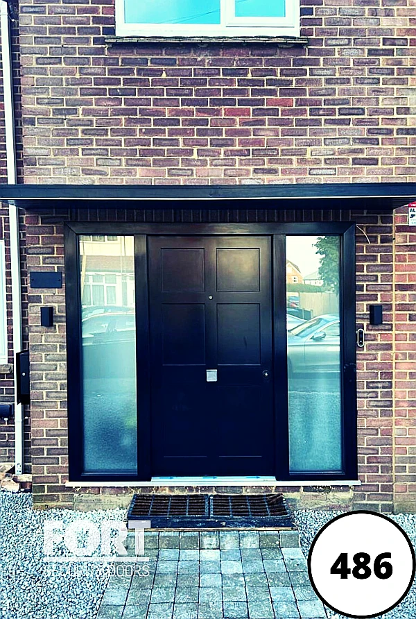 0486 Black Single Fort Security Door With Bespoke Design With Two Side Glass Panels