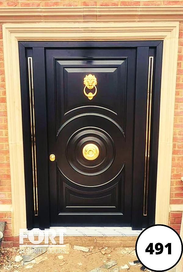 0491 Black Single Fort Security Door With Bespoke Design And Two Sid Panels