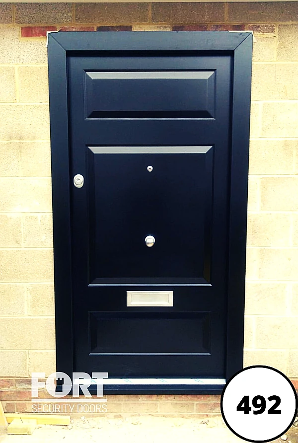 0492 Black Single Fort Security Door With Three Panel Edwardian Design