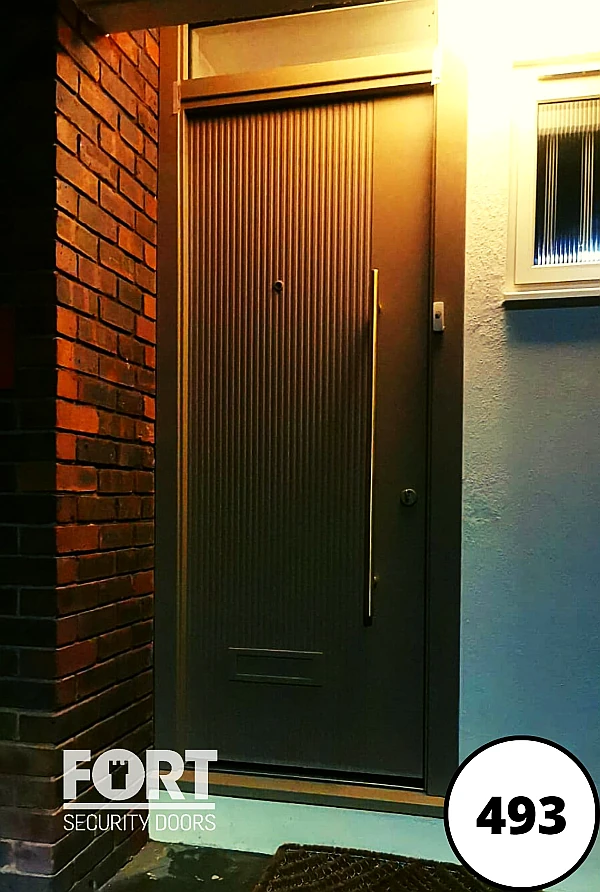 0493 Grey Single Fort Security Door With Bepsoke Design With Vertical Lines