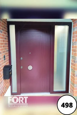 0498 Red Single Fort Security Door With Bespoke Design And Two Glass Side Panels