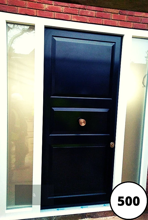 0500 Black Single Fort Security Door With Three Panel Edwardian Design And Two Side Glass Panels