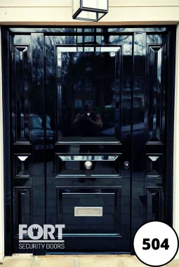 0504 Black Single Fort Security Door With Edwardian Three Panel Design And Gloss