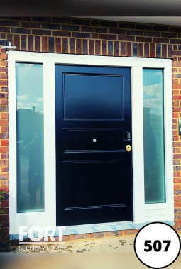 0507 Black Single Fort Security Door With Edwardian Three Panel Design And Glass Side Panels