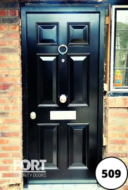 0509 Black Single Fort Security Door With Victorian Six Panel Design