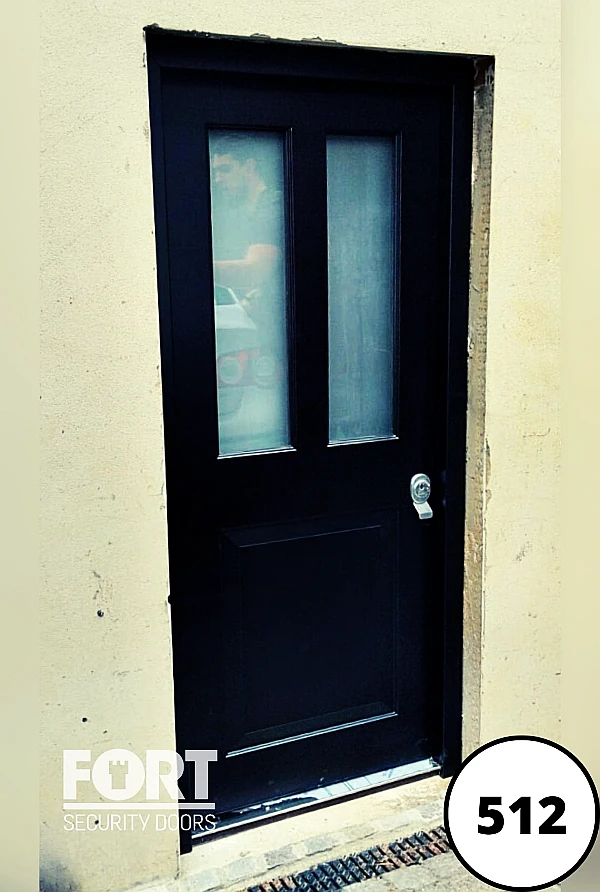 0512 Black Single Fort Security Door With Edwardian Three Panel Design