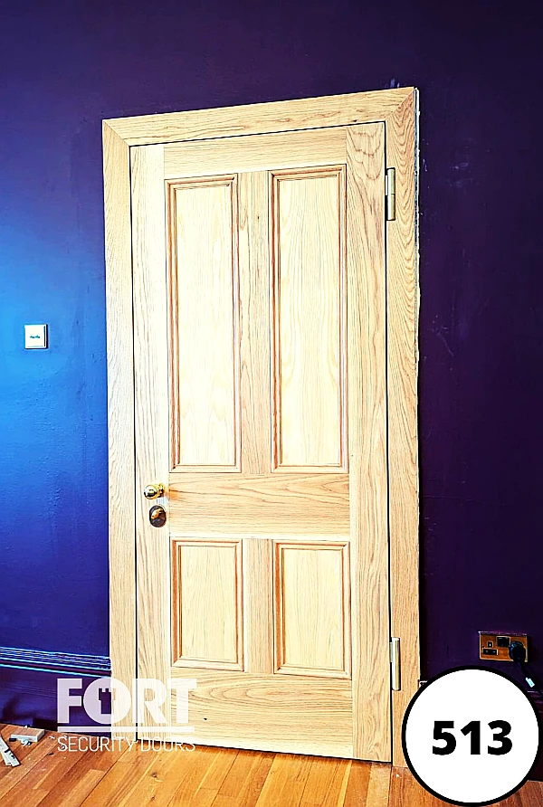 0513 Brown Wood Single Fort Security Door With Victorian Four Panel Design