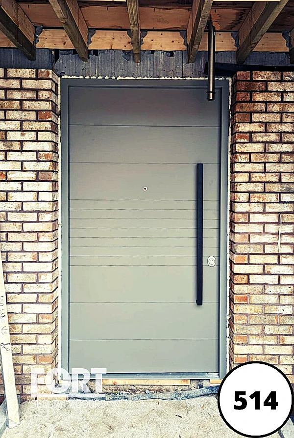0514 Beige Single Fort Security Door With Bespoke Horizontal Line Design