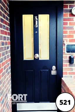 0521 Black Single Fort Security Door With Victorian Four Panel Design And Glass