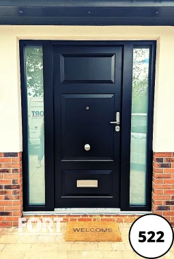 0522 Black Single Fort Security Door With Edwardian Three Panel Design With Glass