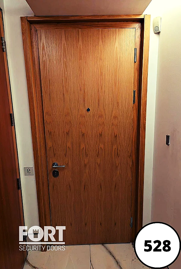 0528 Brown Wooden Single Fort Security Door With Plain Design