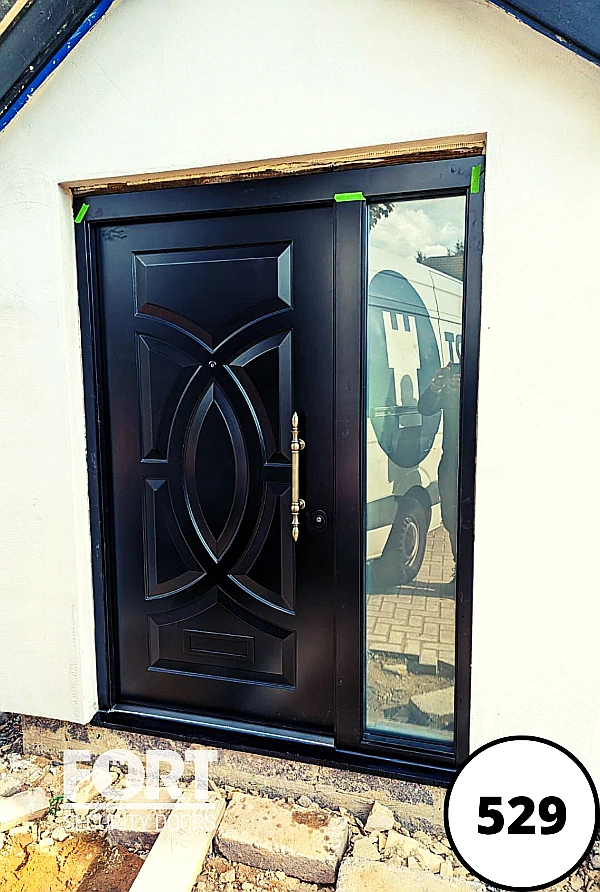 0529 Black Single Fort Security Door With Bespoke Design And Glass