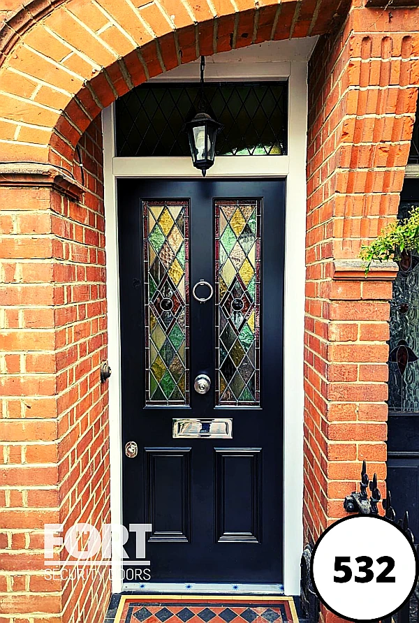0532 Grey Single Fort Security Door With Victorian Design And Bespoke Glass