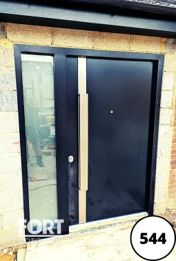 0544 Black Single Fort Security Door With Bespoke Design And Side Glass Panel